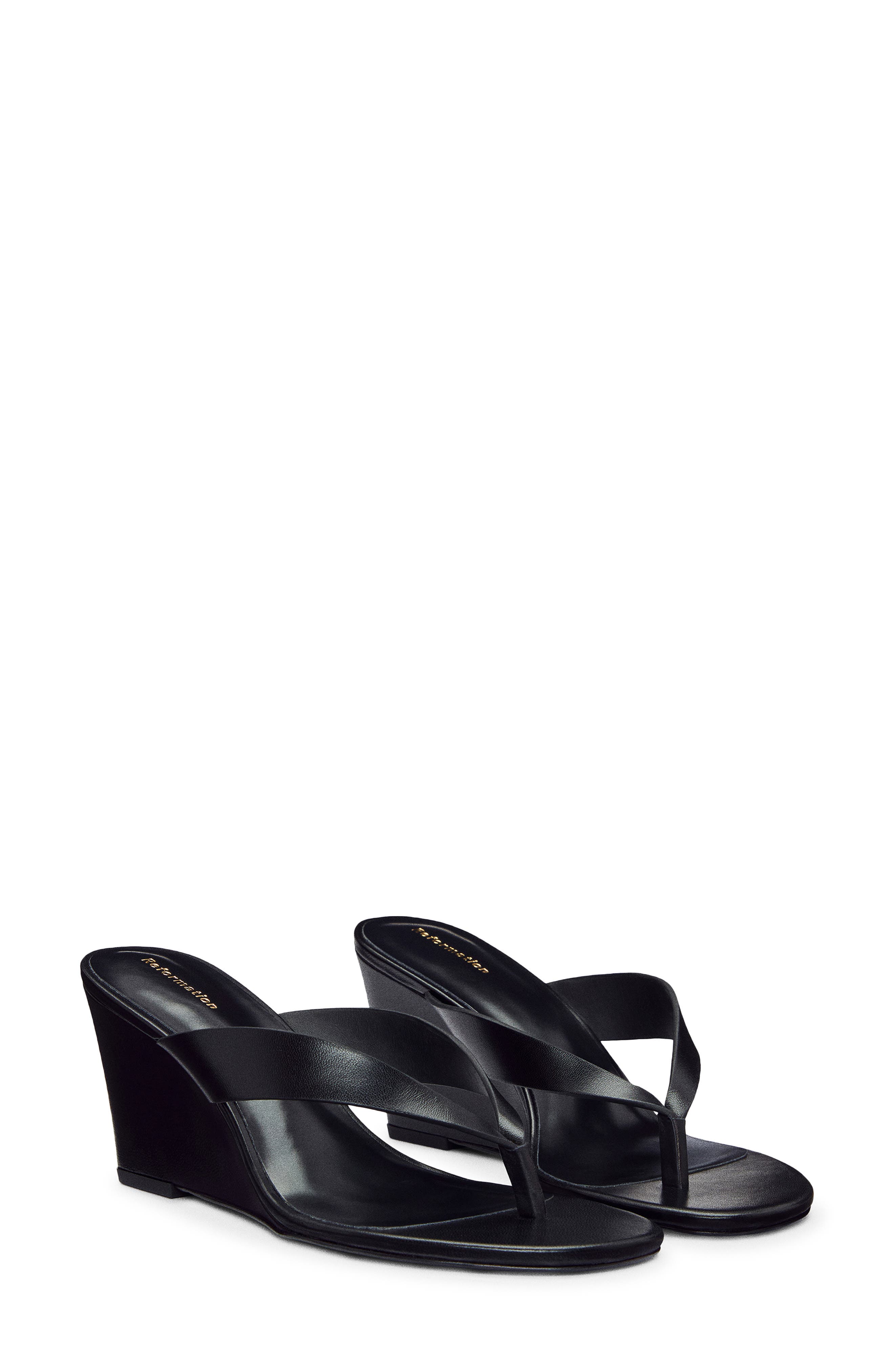 Reformation Jessie Wedge Thong Sandal, Main, color, Black Leather