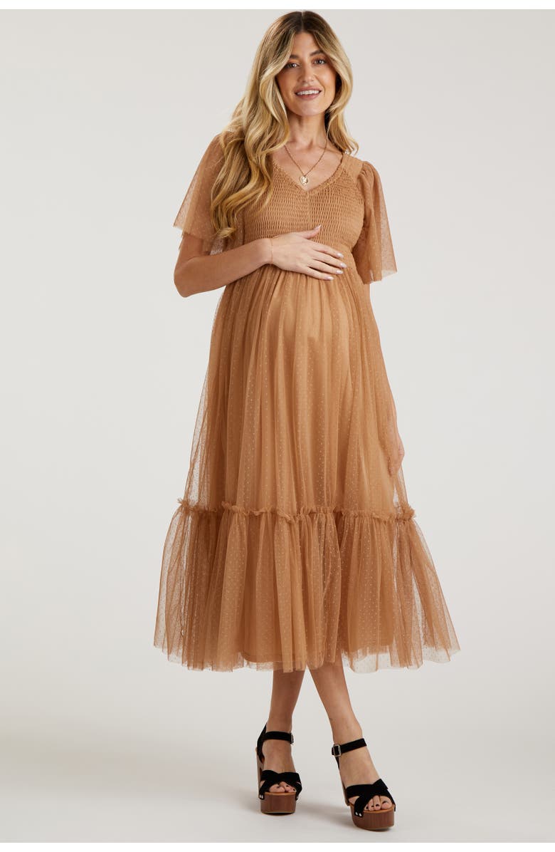 PinkBlush Dotted Tulle Smocked Maternity Midi Dress, Main, color, Camel