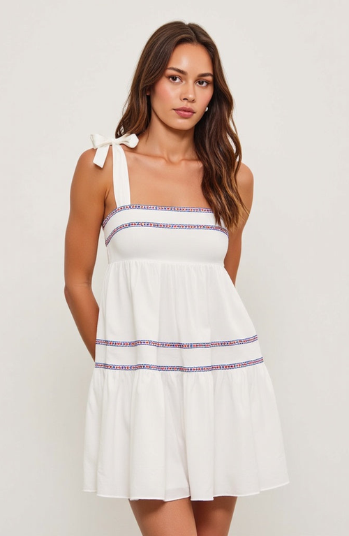 MODENAIRE MODENAIRE SLEEVELESS TIERED MINI DRESS WITH EMBROIDERED TRIM AND TIE STRAPS
