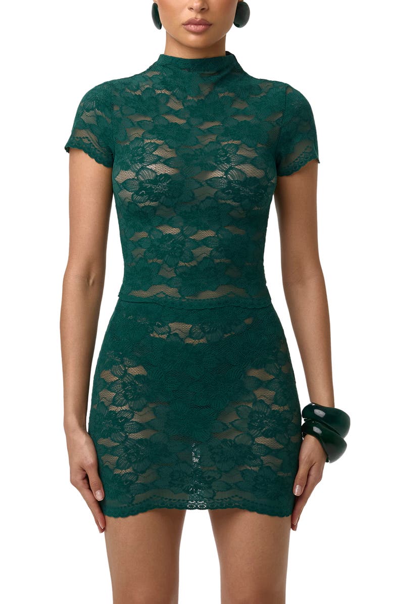 Naked Wardrobe Short Sleeve Lace Crop Top, Alternate, color, Pine Green