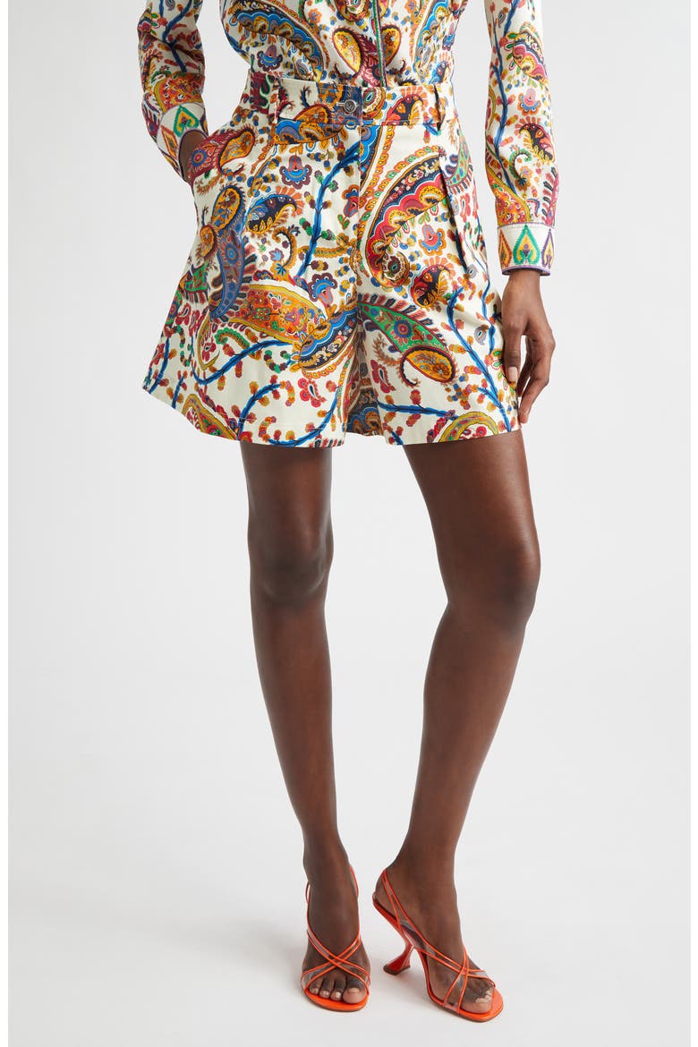 Paisley Pleated Stretch Cotton Bermuda Shorts, Main, color, PRINT ON WHITE BASE