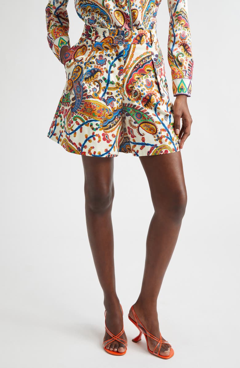 Etro Paisley Pleated Stretch Cotton Bermuda Shorts, Main, color, Print On White Base