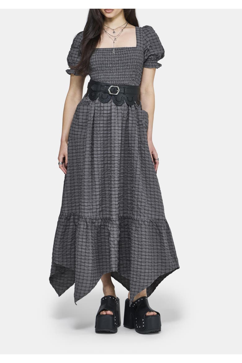 Nimira Check Handkerchief Hem Midi Dress, Main, color, Grey