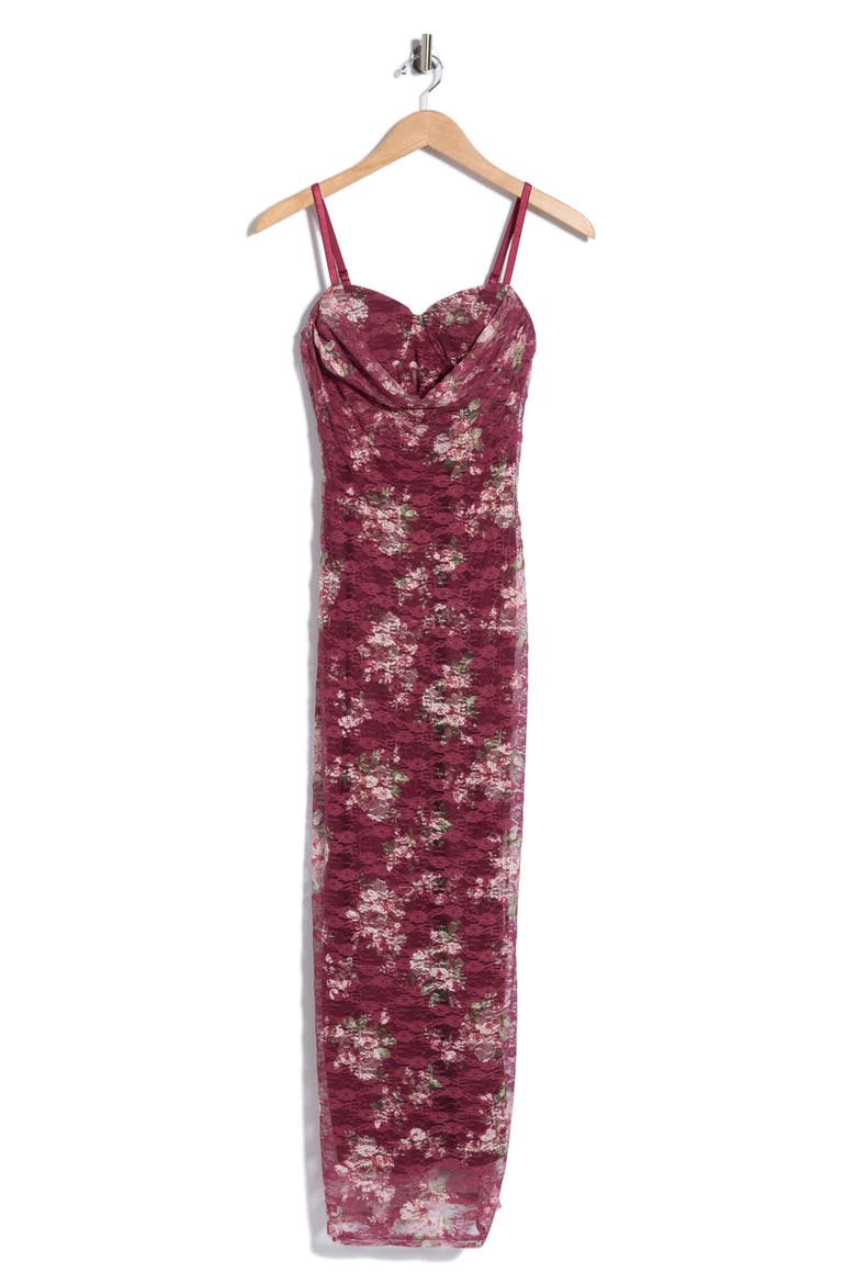 Floral Lace Cowl Neck Bustier Midi Dress, Main, color, BURGUNDY COMBO