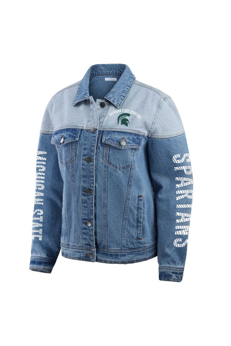 Women's WEAR by Erin Andrews Denim Michigan State Spartans Sleeve Hit Colorblock Button-Down Denim Jacket, Alternate, color, Denim