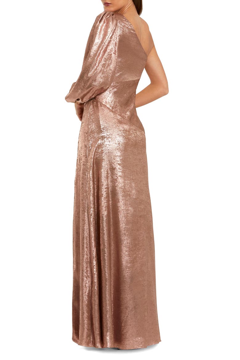 Pleated Metallic One-Shoulder Gown with Slit, Alternate, color, Rose Gold