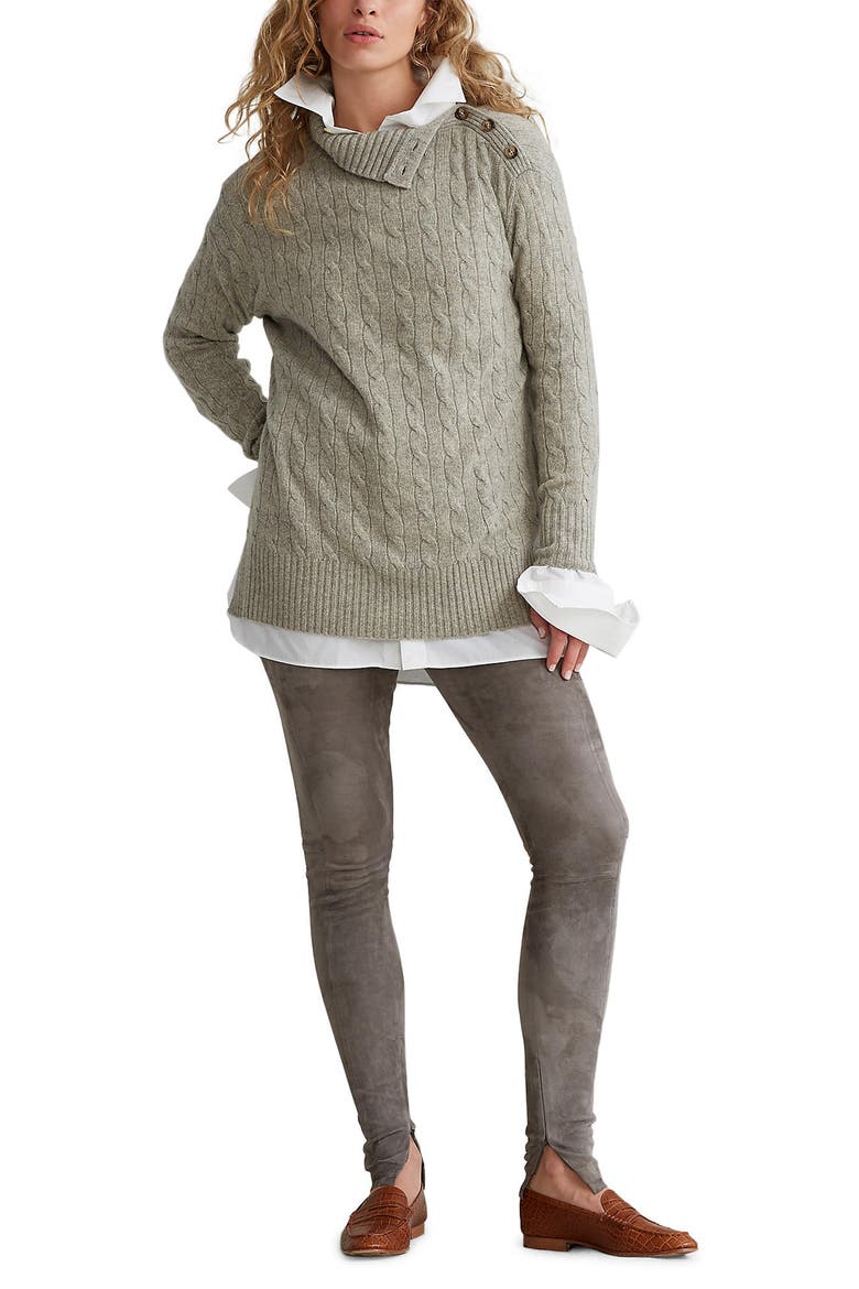 Cable Shoulder Button Convertible Turtleneck Sweater, Alternate, color, LIGHT VINTAGE HEATHER