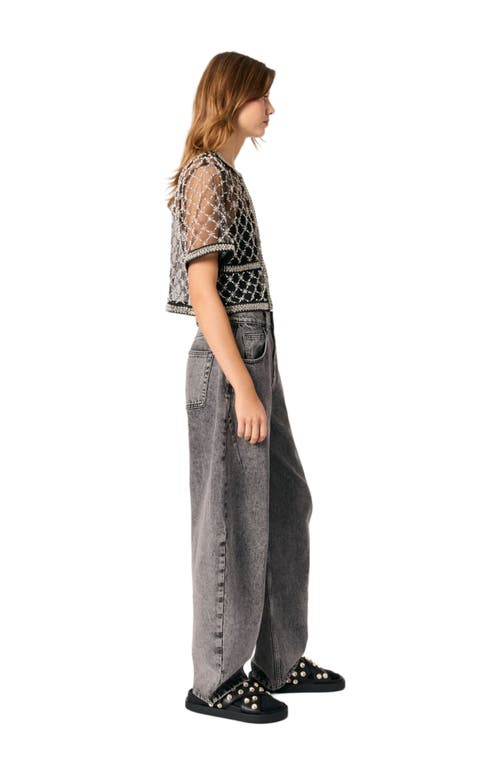 Maje Womens Bead-embroidered Short-sleeve Tulle Top Black In Black