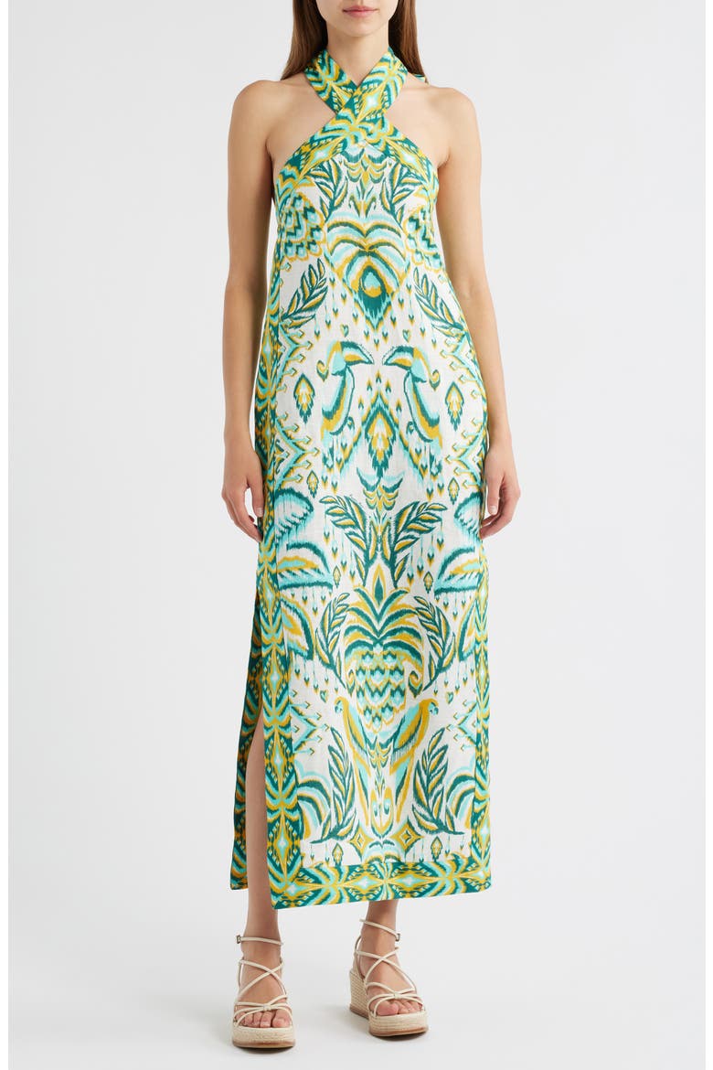 Tropical Tapestry Halter Linen Maxi Sundress, Main, color, OFF-WHITE