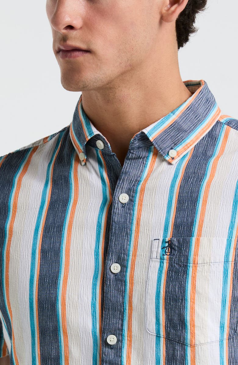 Original Penguin Crinkle Stripe Short Sleeve Button-Up Shirt, Alternate, color, Blue Wing Teal