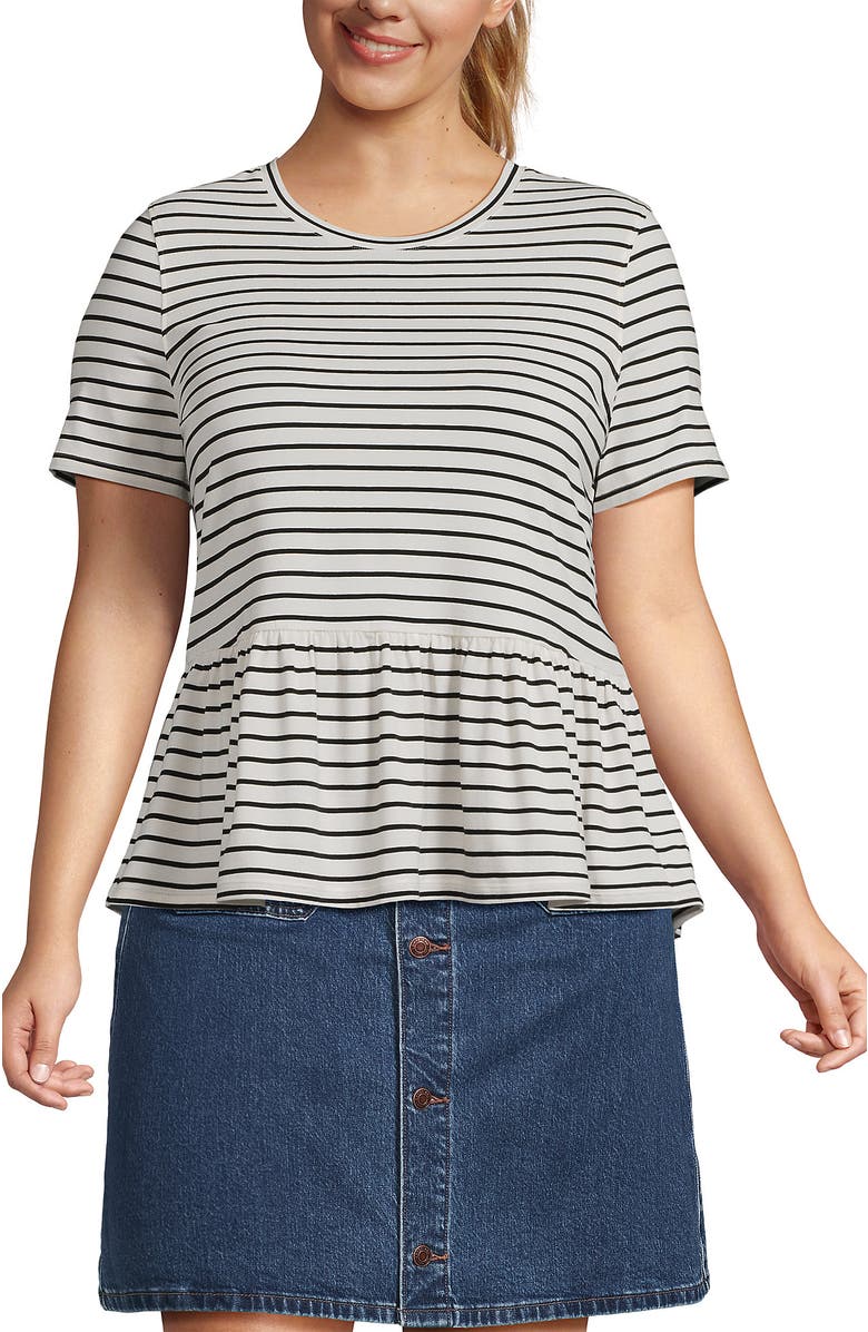 Lands' End Plus Size Short Sleeve Lightweight Jersey Crew Neck Peplum Tee, Main, color, Ivory/Black Stripes