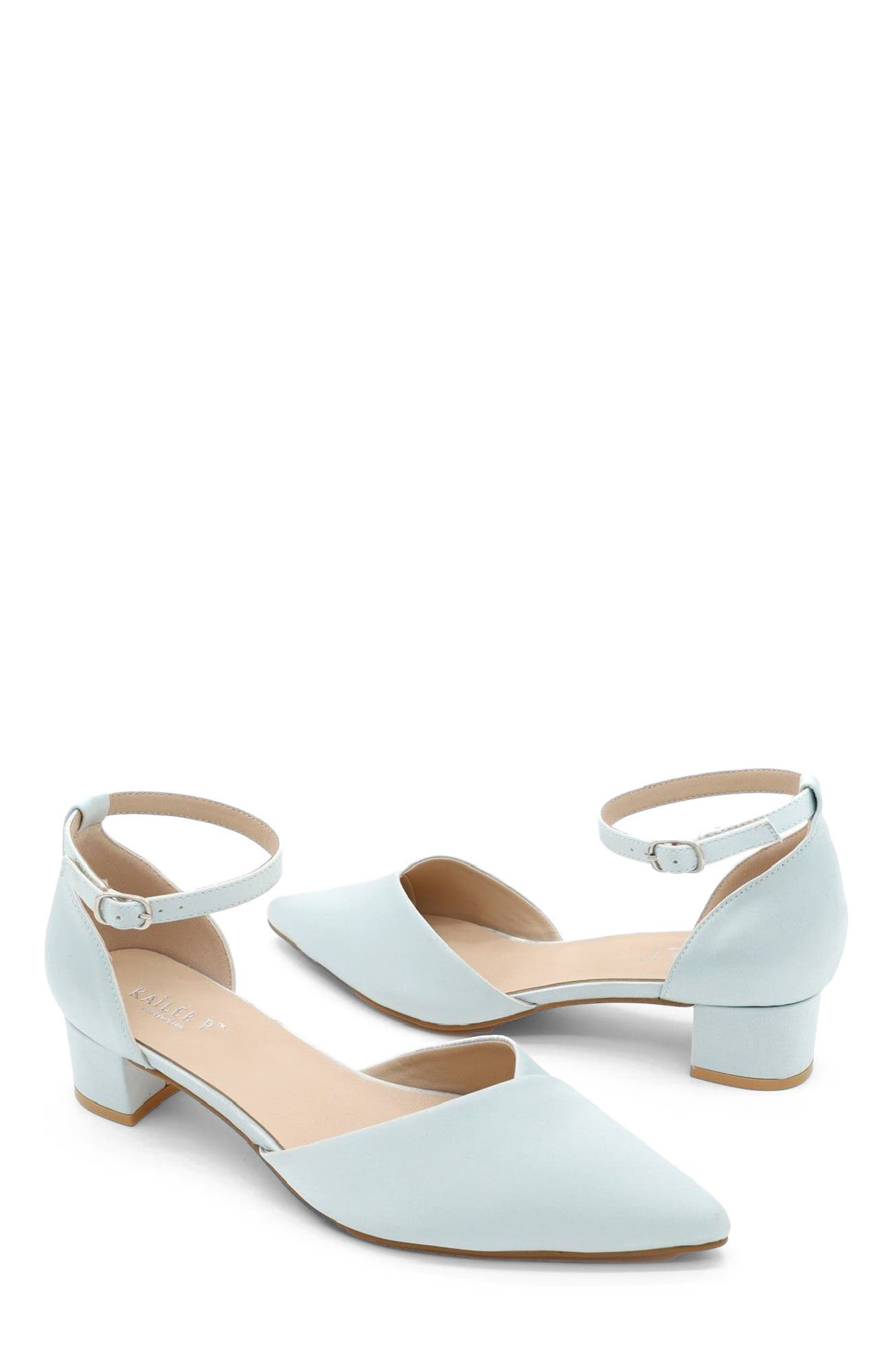 Leila Satin Pointed Toe Low Block Heels Wedding Shoes, Alternate, color, Light Blue