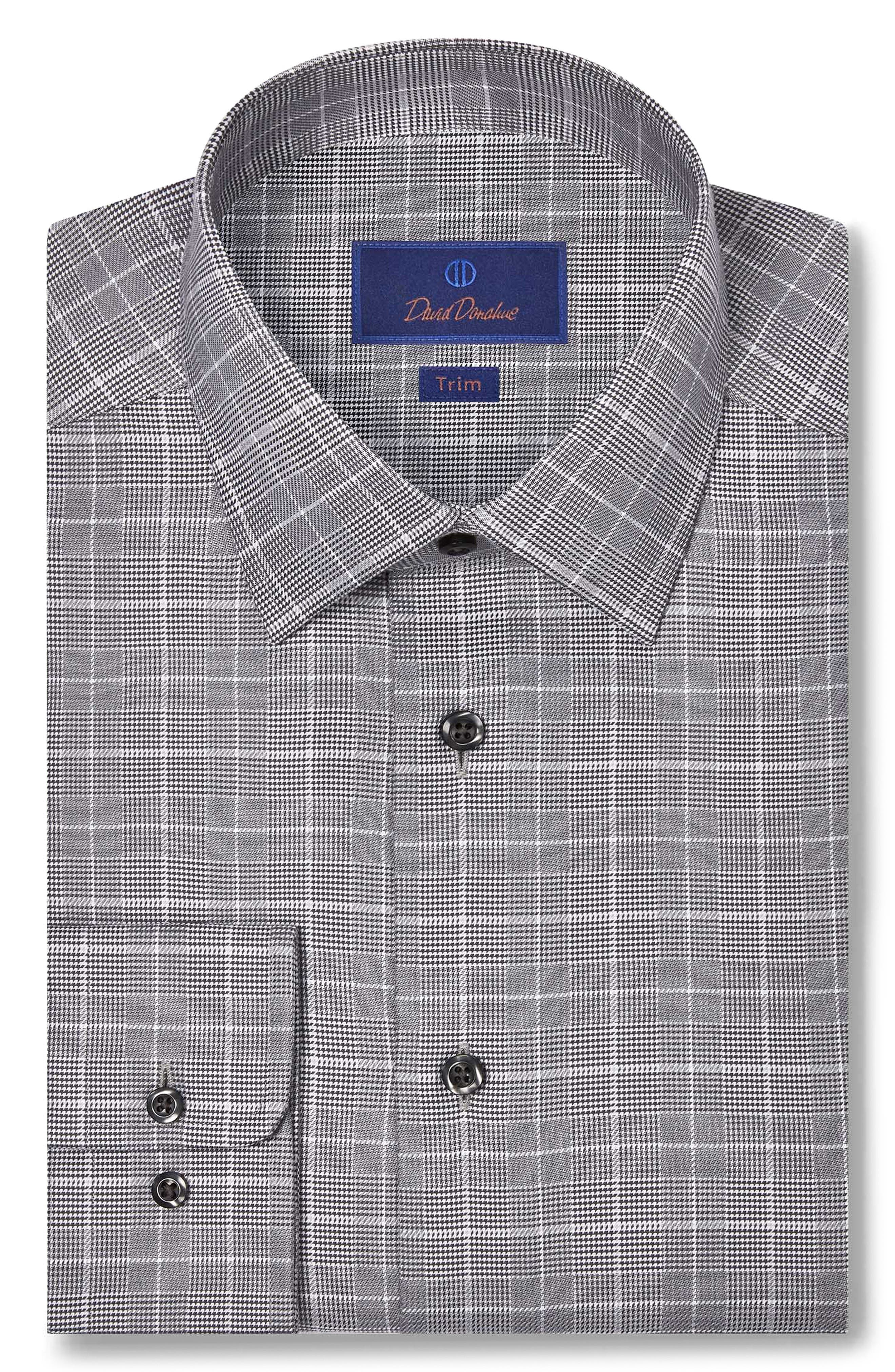 David Donahue Trim Fit Grey Glen Check Cotton Dobby Dress Shirt