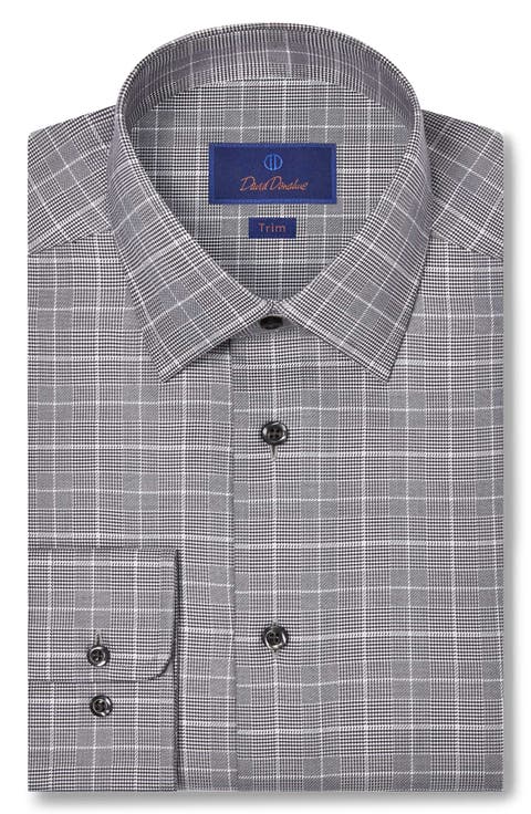 Trim Fit Grey Glen Check Cotton Dobby Dress Shirt