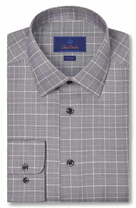 David Donahue Trim Fit Grey Glen Check Cotton Dobby Dress Shirt