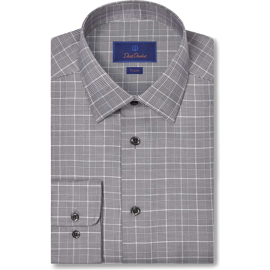 David Donahue Trim Fit Grey Glen Check Cotton Dobby Dress Shirt In Gray