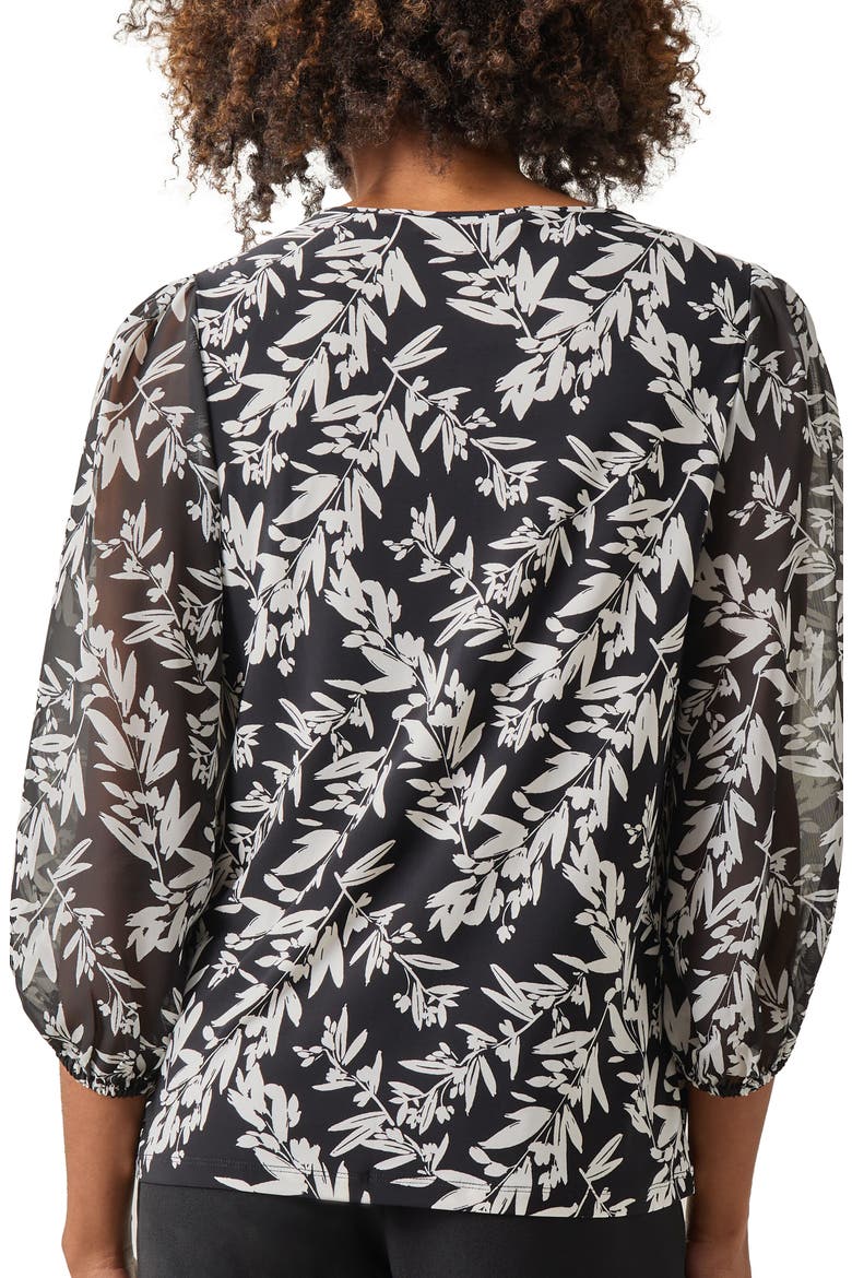 Shirred Neck Three-Quarter Sleeve Stretch Top, Alternate, color, BLACK/ VANILLA ICE