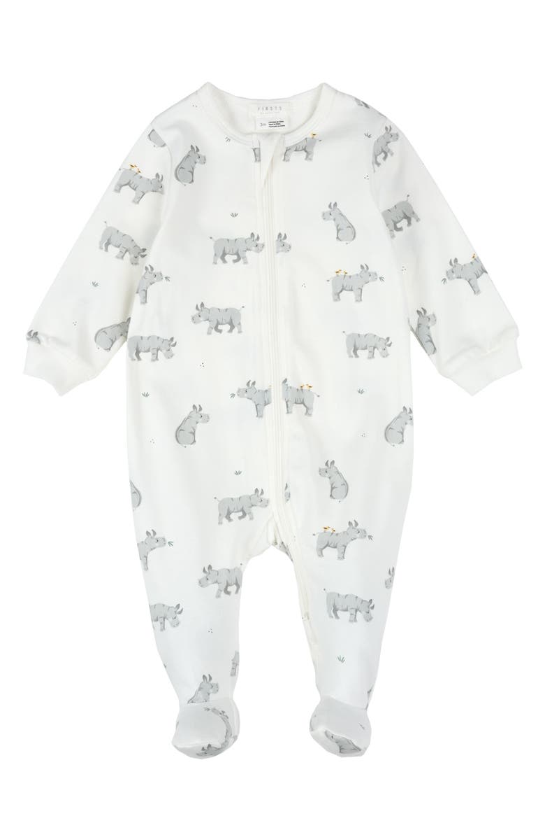 FIRSTS by Petit Lem Rhino Print Cotton Print One-Piece Footed Pajamas, Main, color,