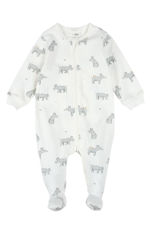 Firsts By Petit Lem Rhino Print Cotton Print One-piece Footed Pajamas In Off White
