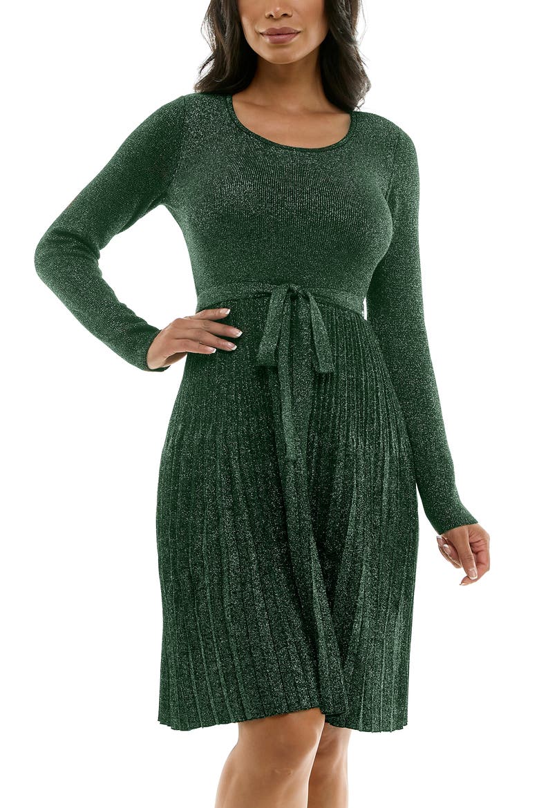 Ribbed Long Sleeve Fit & Flare Sweater Dress, Alternate, color, RICH PINE/ BLACK