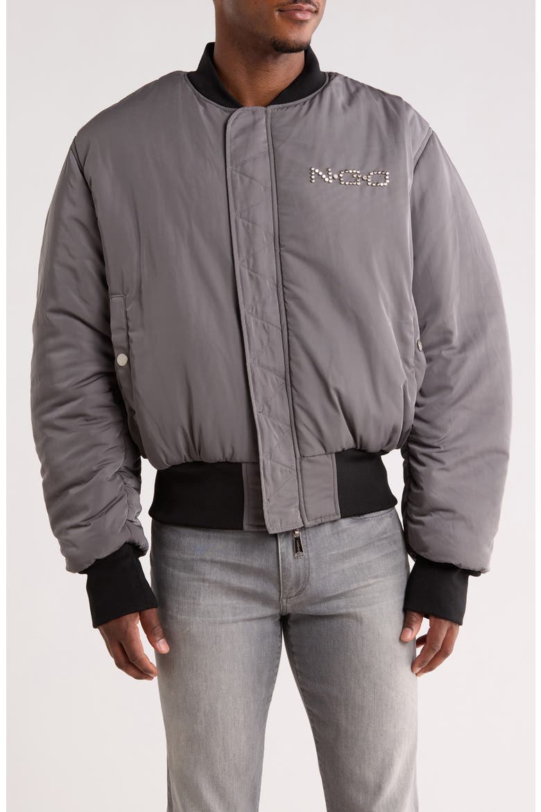 Mixed Media Studded Bomber Jacket, Alternate, color, BLACK/ CAMO