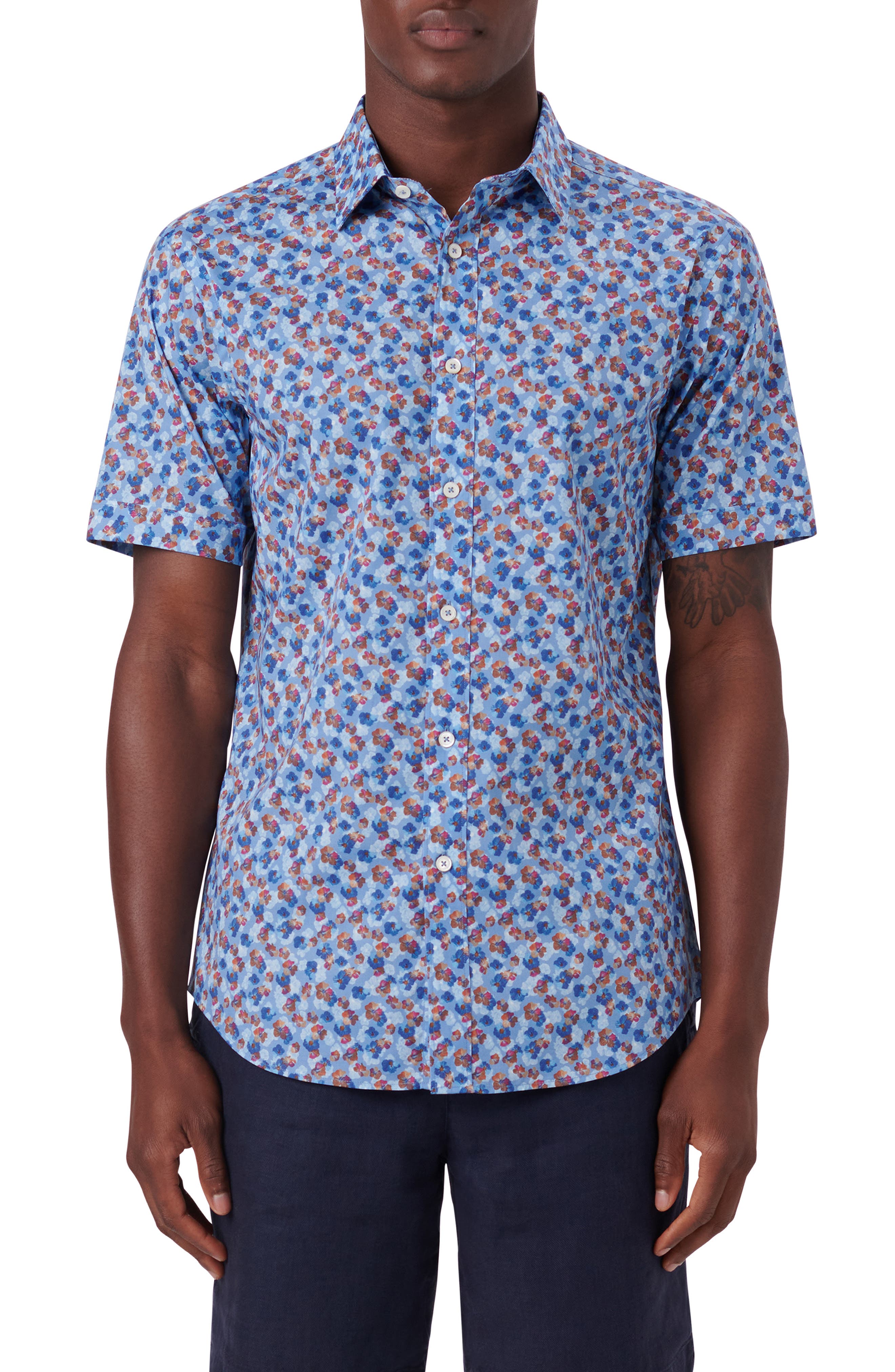 Calender Button Shape Bugatchi Shaped Fit Floral Print Short Sleeve Button-Up Camp Shirt (Men ...