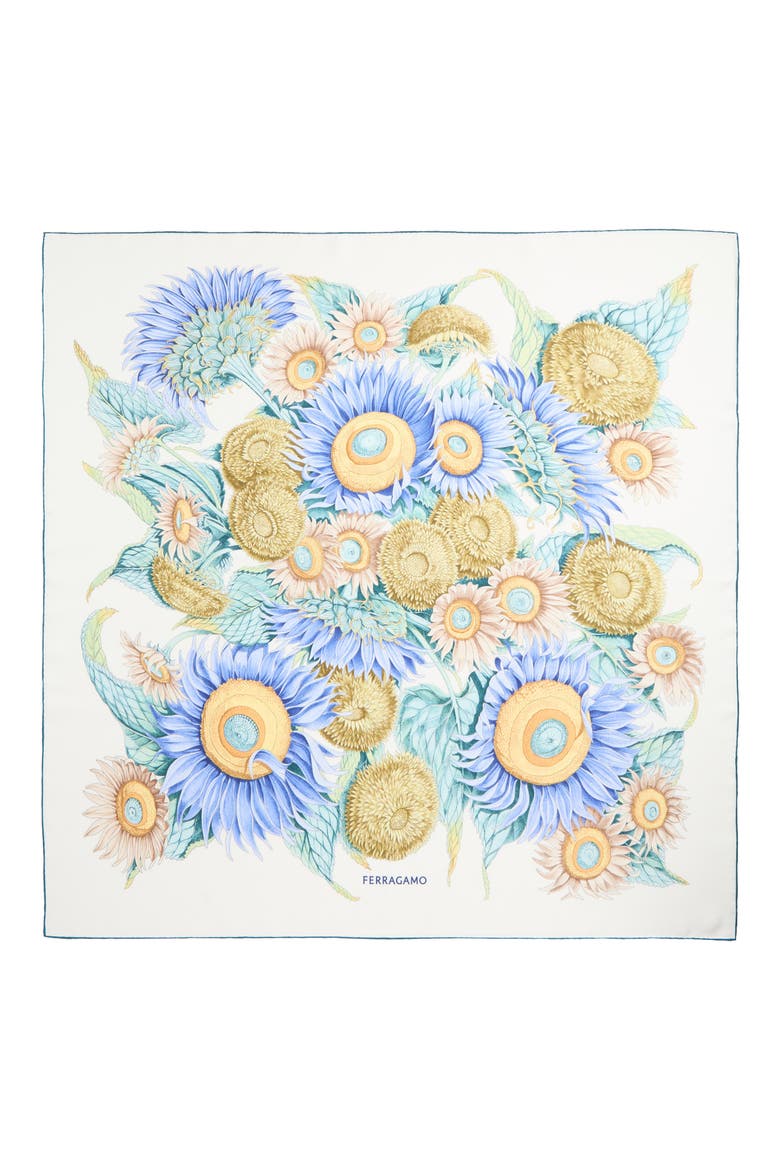 Sunflower Print Silk Square Scarf, Main, color, AVORIO/ ACQUA