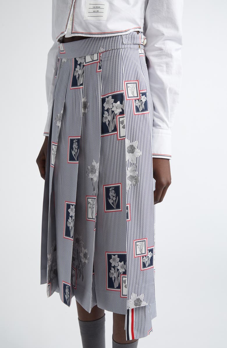 Thom Browne Classic Framed Floral Pleated Silk Skirt, Alternate, color, Navy