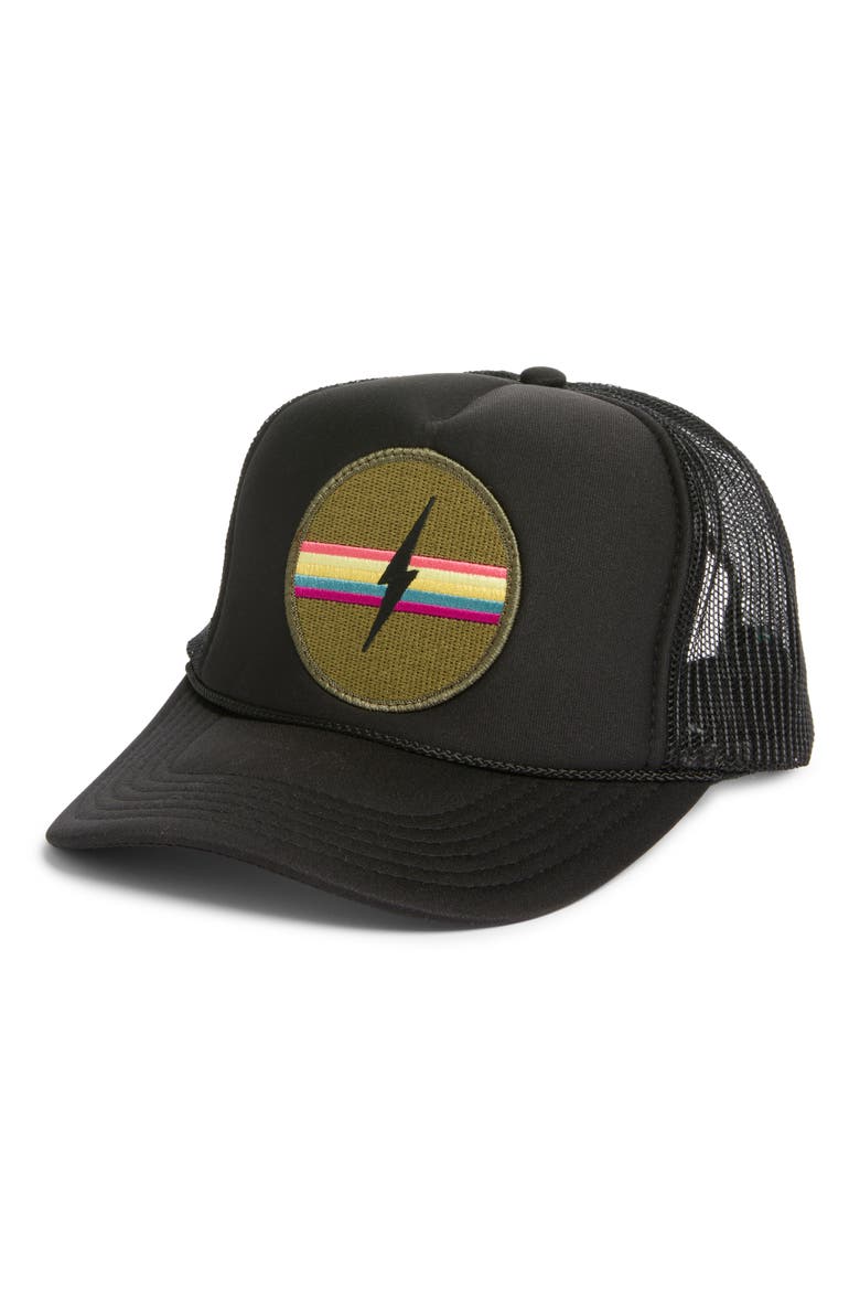 Lightening Bolt Patch Trucker Hat, Main, color, BLACK
