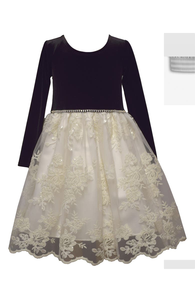 Iris & Ivy Kids' Stretch Velvet & Lace Dress, Main, color, Black Ivory