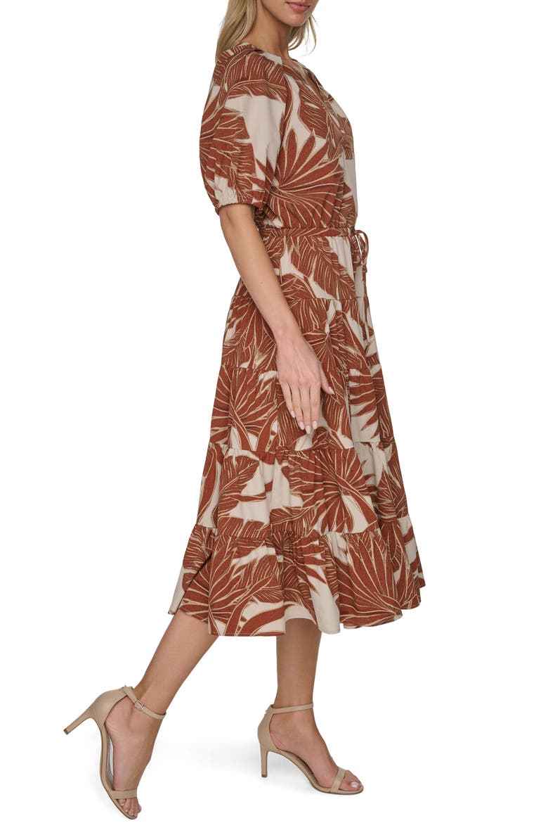 Printed Split Neck Tiered Dress, Alternate, color, LATTE MULT