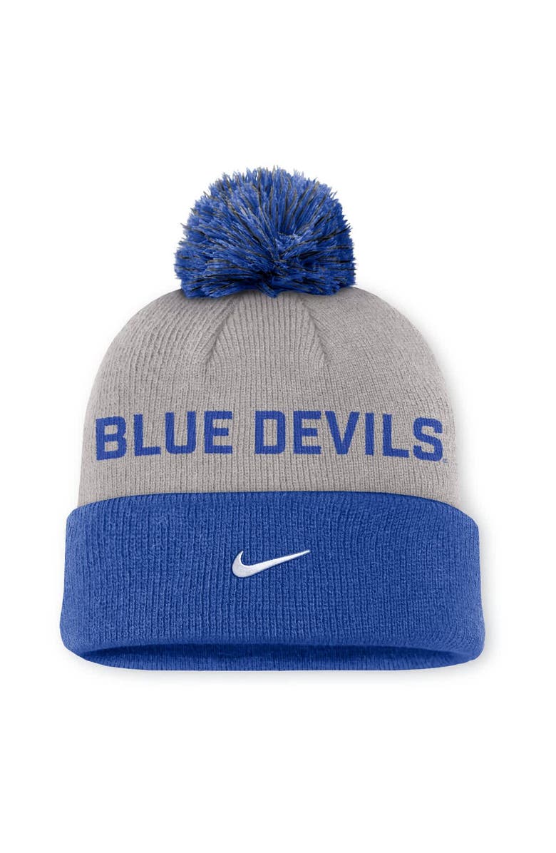 Nike Men's Nike Gray/Royal Duke Blue Devils Primetime Peak Cuffed Knit Hat with Pom, Alternate, color, Gray