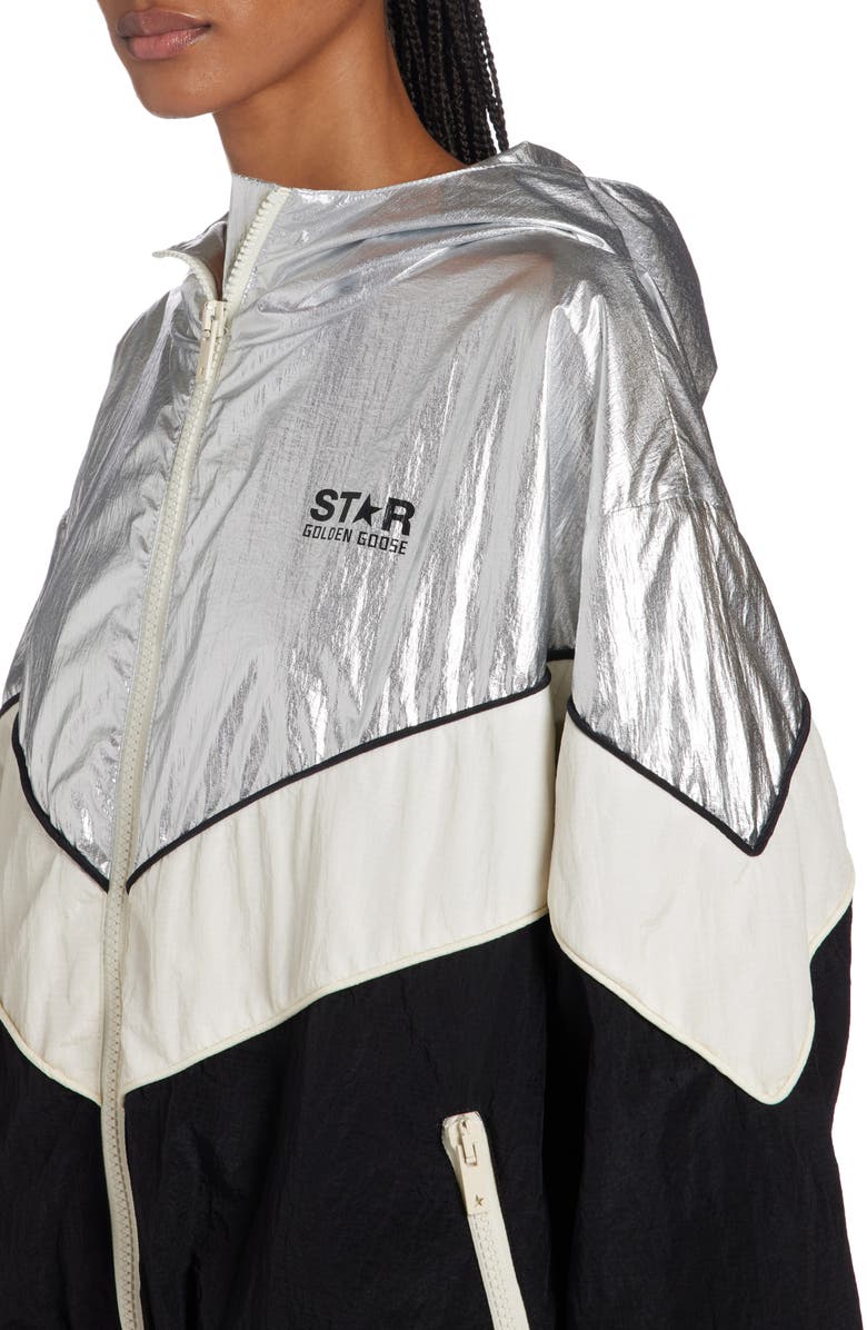 Golden Goose Patchwork Hoodie Windbreaker, Alternate, color, Silver/ Dark Papyrus/ Black