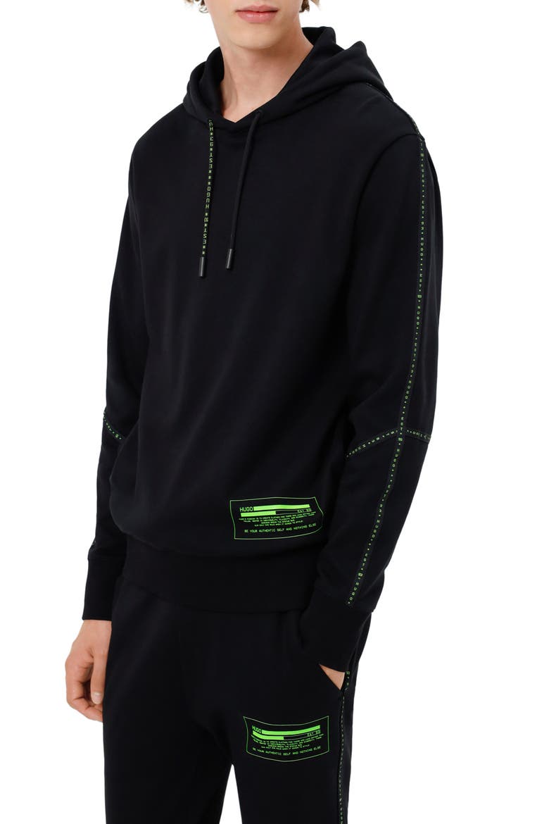 Denry Logo Tape Organic Cotton Graphic Hoodie, Main, color, BLACK