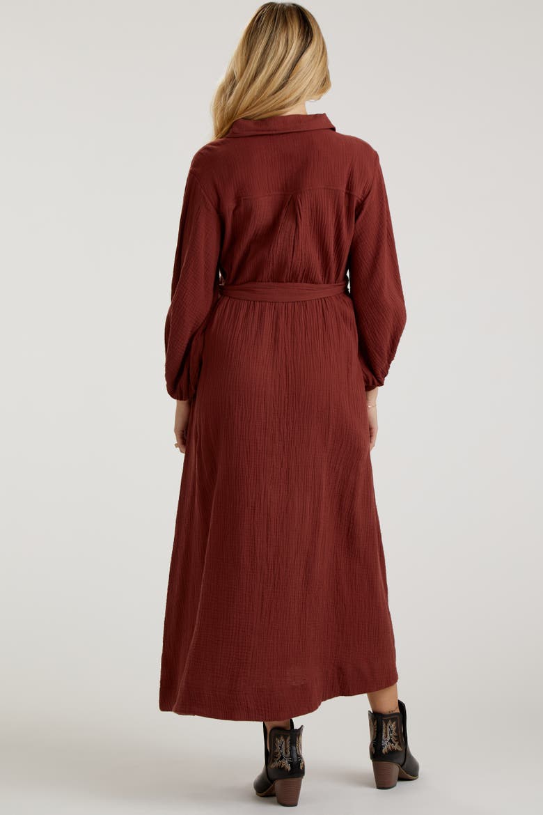 Gauze Belted Shirt Midi Dress, Alternate, color, Rust