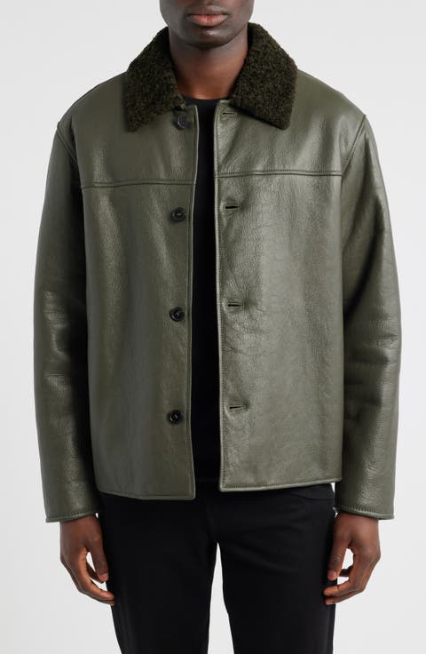 Leather Barn Jacket with Genuine Shearling Collar