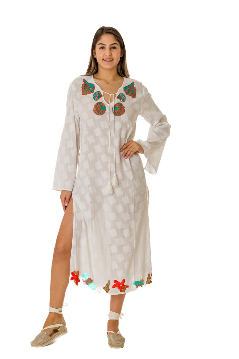 Embroidered Cotton Kaftan, Alternate, color, WHITE