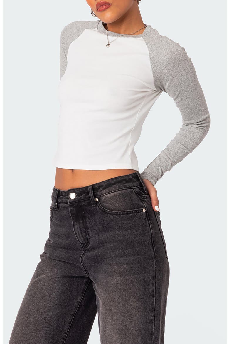 Raya Long Sleeve Crop Cotton Baseball T-Shirt, Alternate, color, WHITE/GREY
