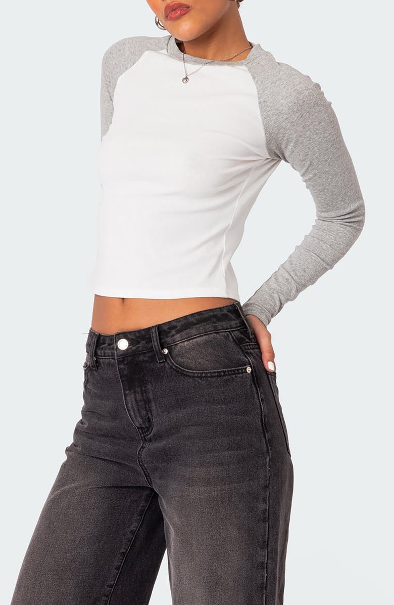 EDIKTED Raya Long Sleeve Crop Cotton Baseball T-Shirt, Alternate, color, White/Grey