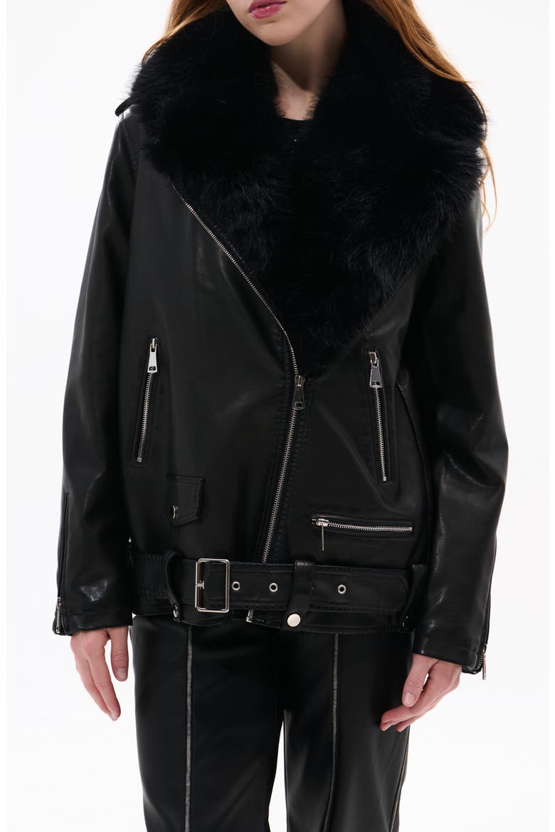 Aurelia Faux Leather Moto Jacket with Removable Faux Fur Collar, Main, color, BLACK