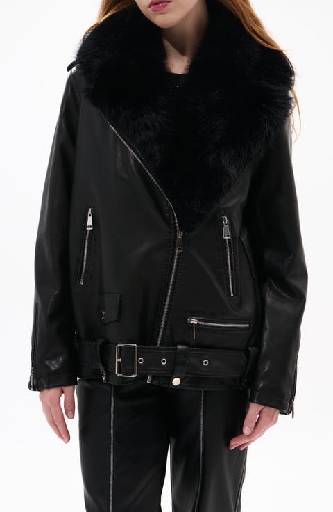 Aurelia Faux Leather Moto Jacket with Removable Faux Fur Collar