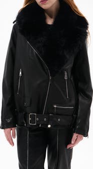 AZALEA WANG Aurelia Faux Leather Moto Jacket with Removable Faux Fur Collar