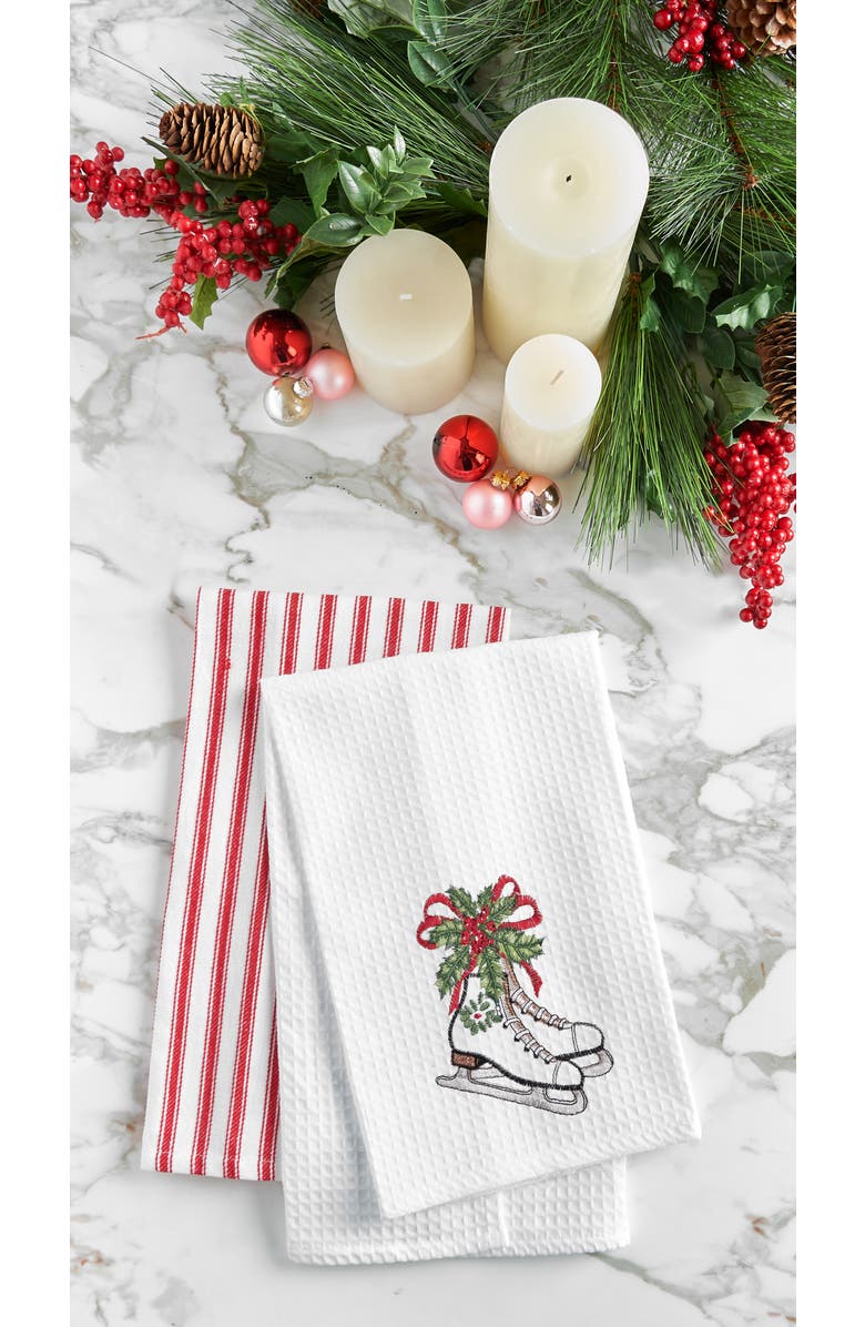 C&F Home Ice Skates Christmas Holly Berries 100% Cotton Waffle Weave Dishtowel, Alternate, color, White