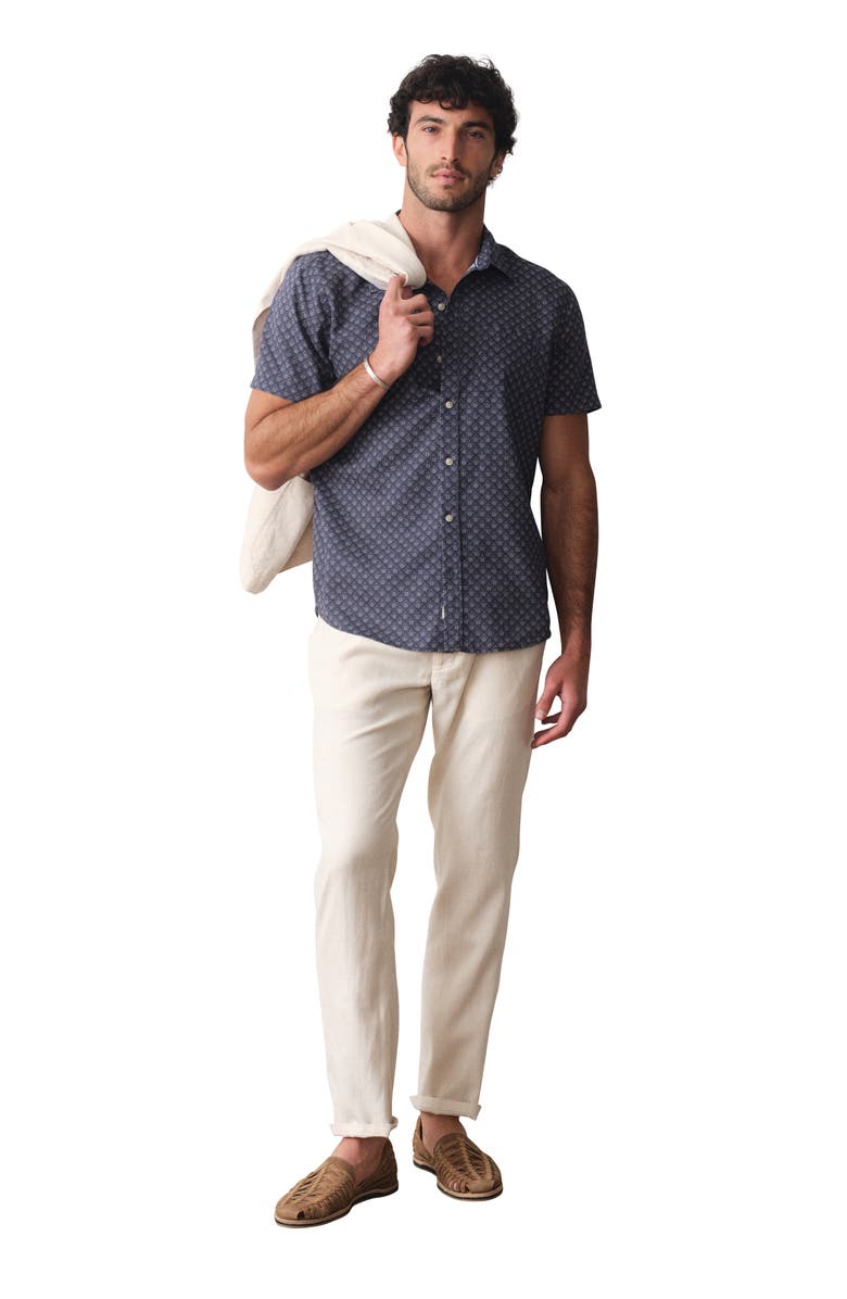 Marine Layer Better-Than-Linen Diamond Print Short Sleeve Button-Up Shirt, Alternate, color, India Ink Diamond Print