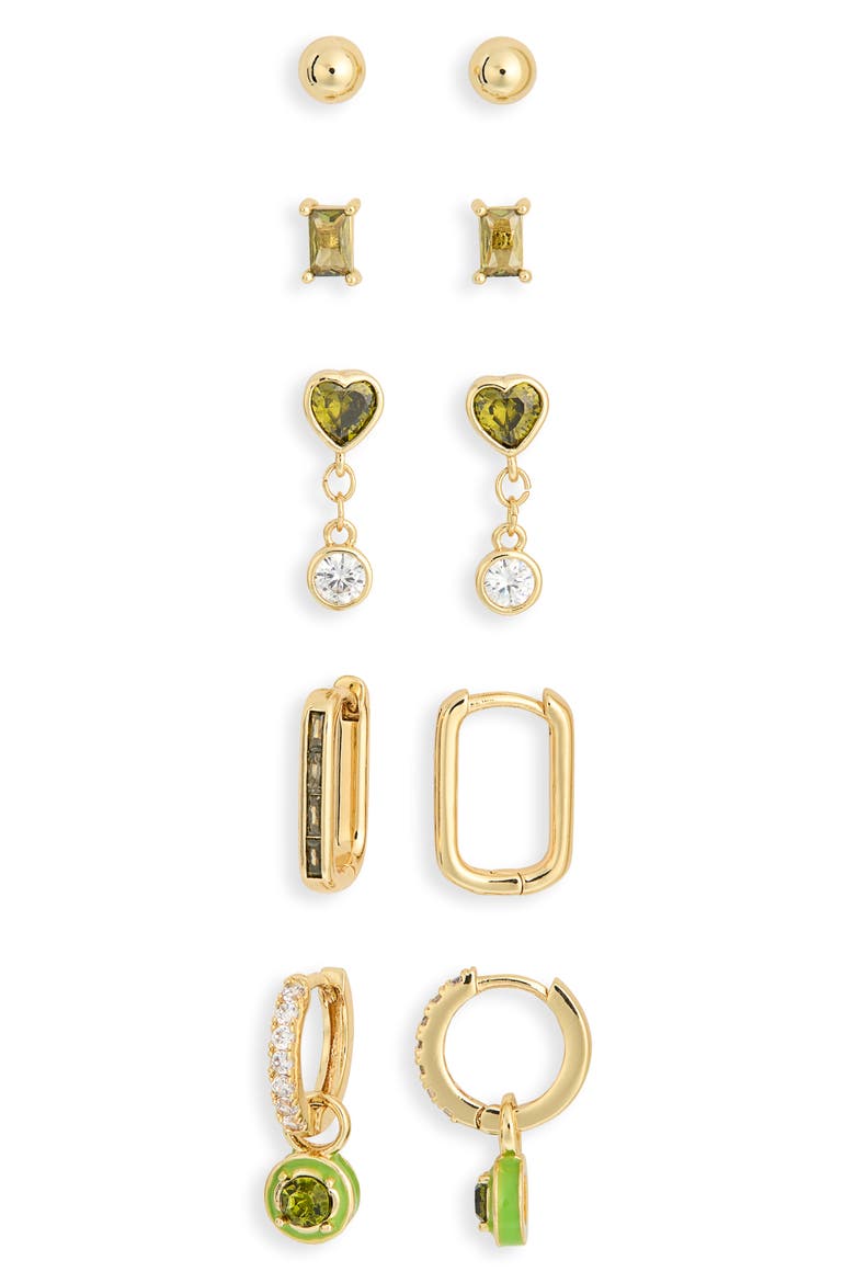 Set of 5 Cubic Zirconia Stud, Drop & Huggie Hoop Earrings, Alternate, color, GREEN MULTI- GOLD
