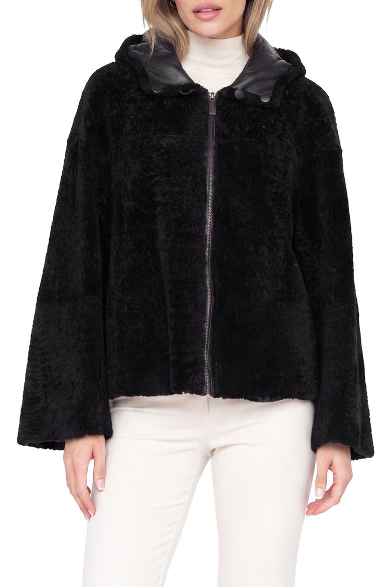 Genuine Shearling Zip Hooded Jacket, Rev, Main, color, BLACK