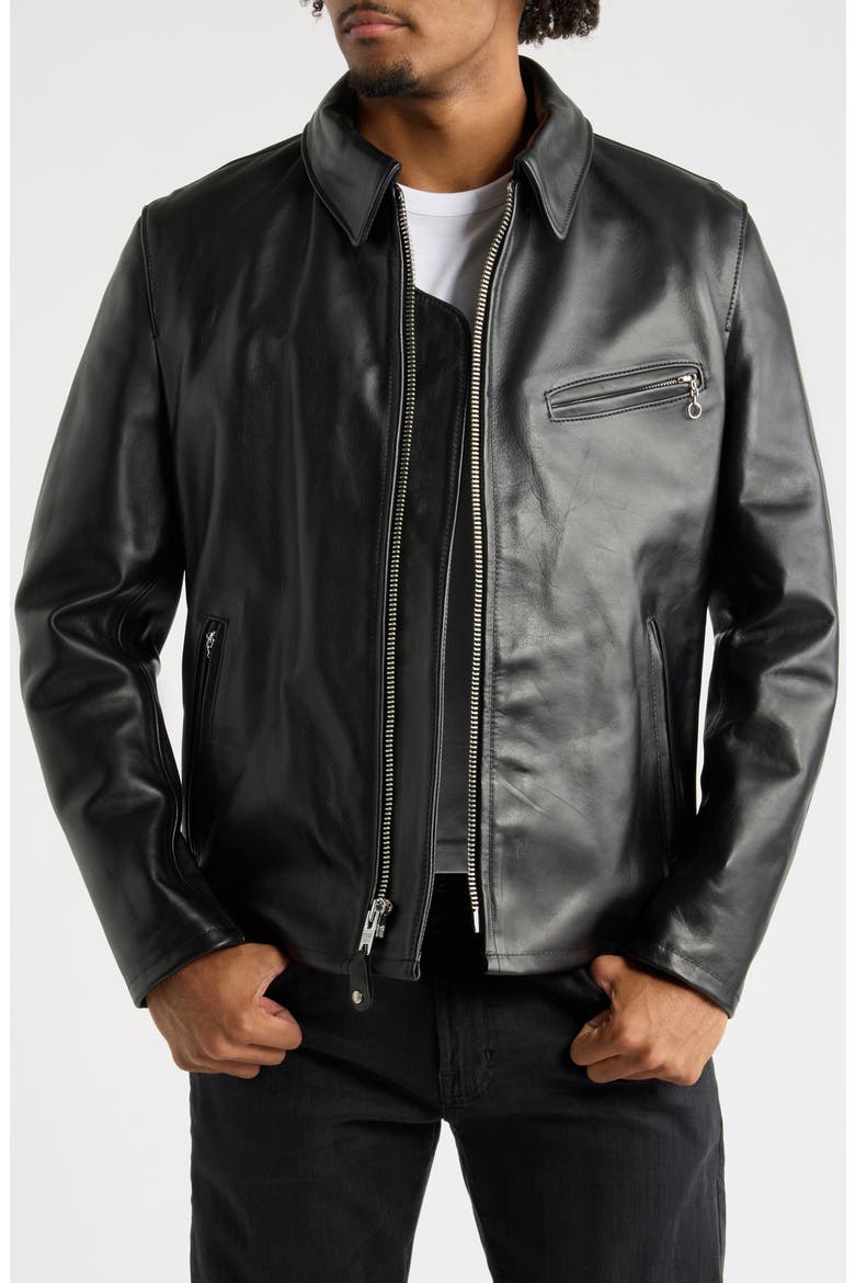 Leather Racer Jacket, Alternate, color, BLACK