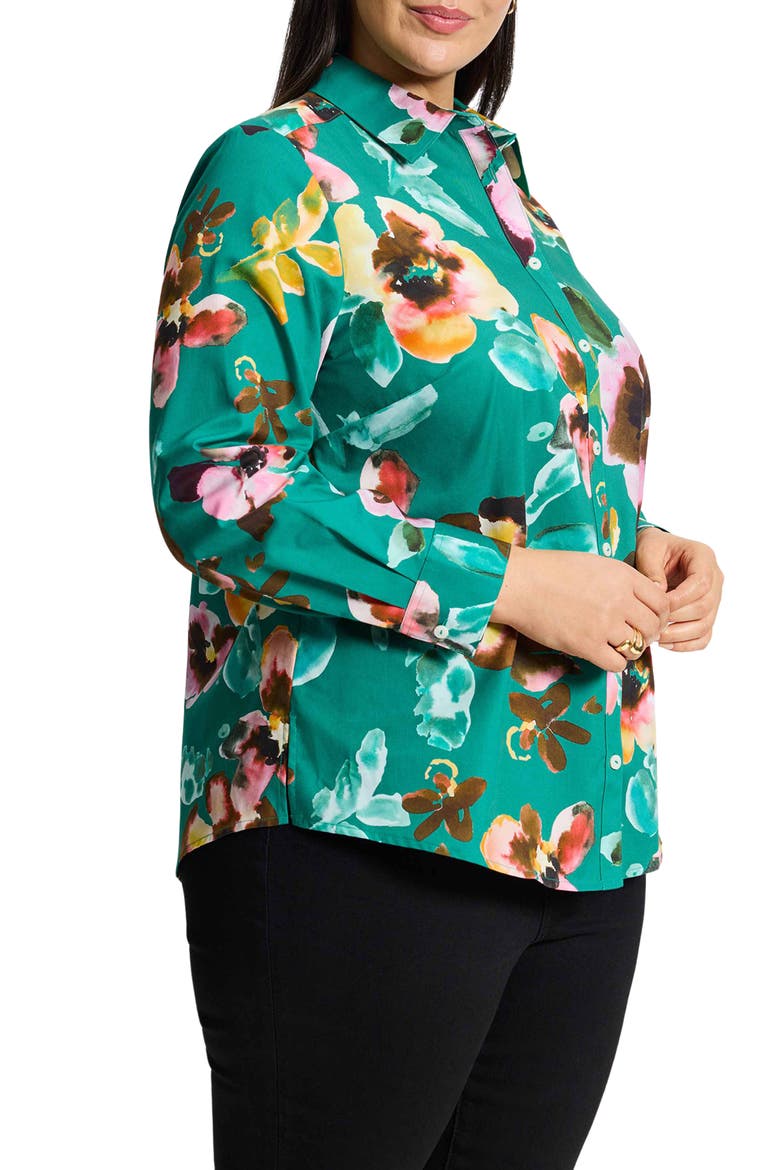 Zoey Watercolor Non-Iron Cotton Button-Up Shirt, Alternate, color, GREEN MULTI