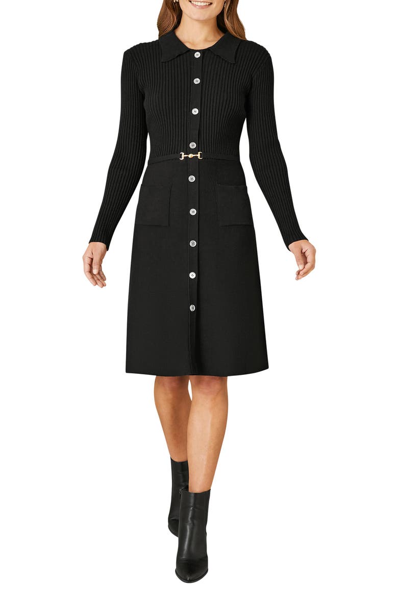 Yumi Belted Rib Knit Midi Dress With Pockets, Alternate, color, Black