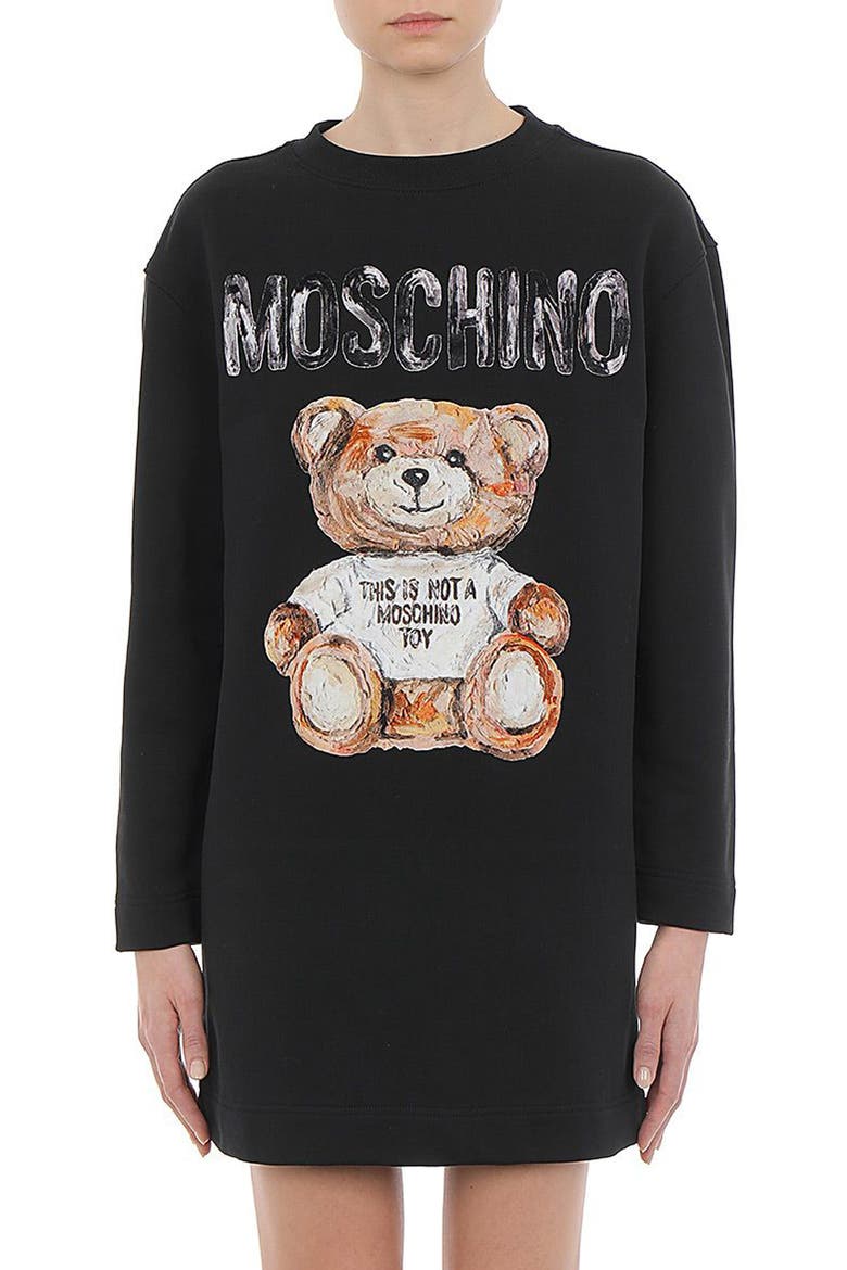 Painted Teddy Bear Logo Long Sleeve Cotton Sweatshirt Dress, Main, color, 1555 FANTASY PRINT BLACK